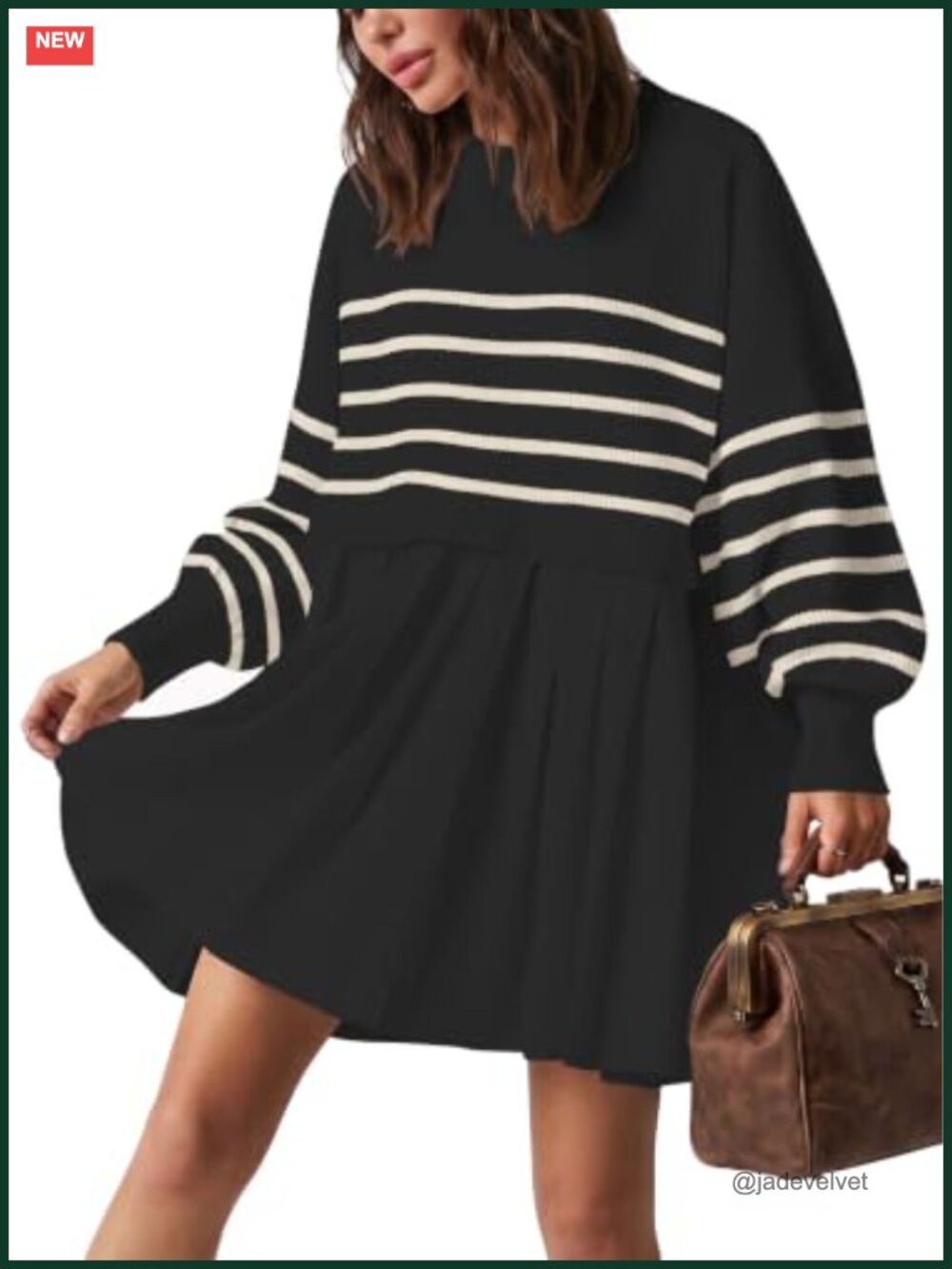 Oversized Sweater Mini Dress Crewneck Striped Pullover Relaxed Fit